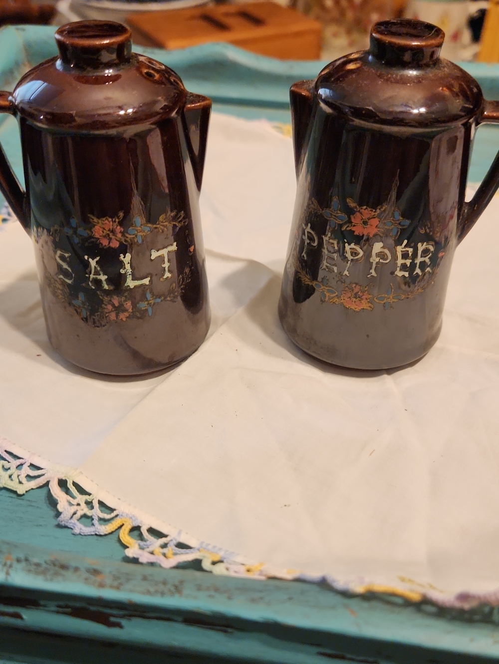 Vintage Brown Ceramic Teapot Salt & Pepper Shakers 1950s Mid Century Modern